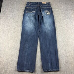 Akademiks Men Y2K Baggy Jeans Embroidered Size 30x31 Blue Skater Hip Hop Pinkman